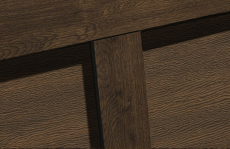 Zoom d'une porte de garage de style artisanale Noyer chocolaté, Faux bois avec moulures